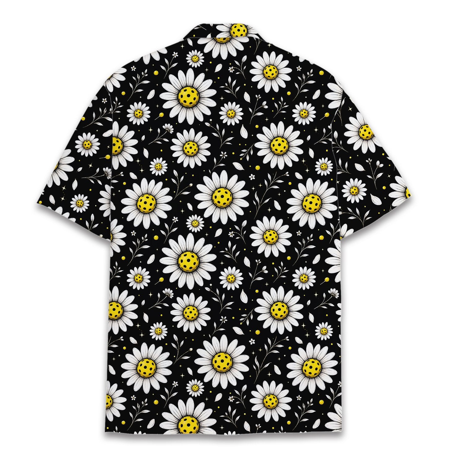 Detail view of the daisy and pickleball pattern on the hawaiian shirt