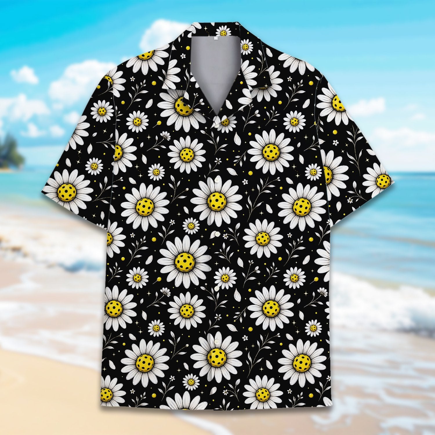 Close up view of the black pickleball hawaiian shirt fabric