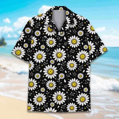 Close up view of the black pickleball hawaiian shirt fabric
