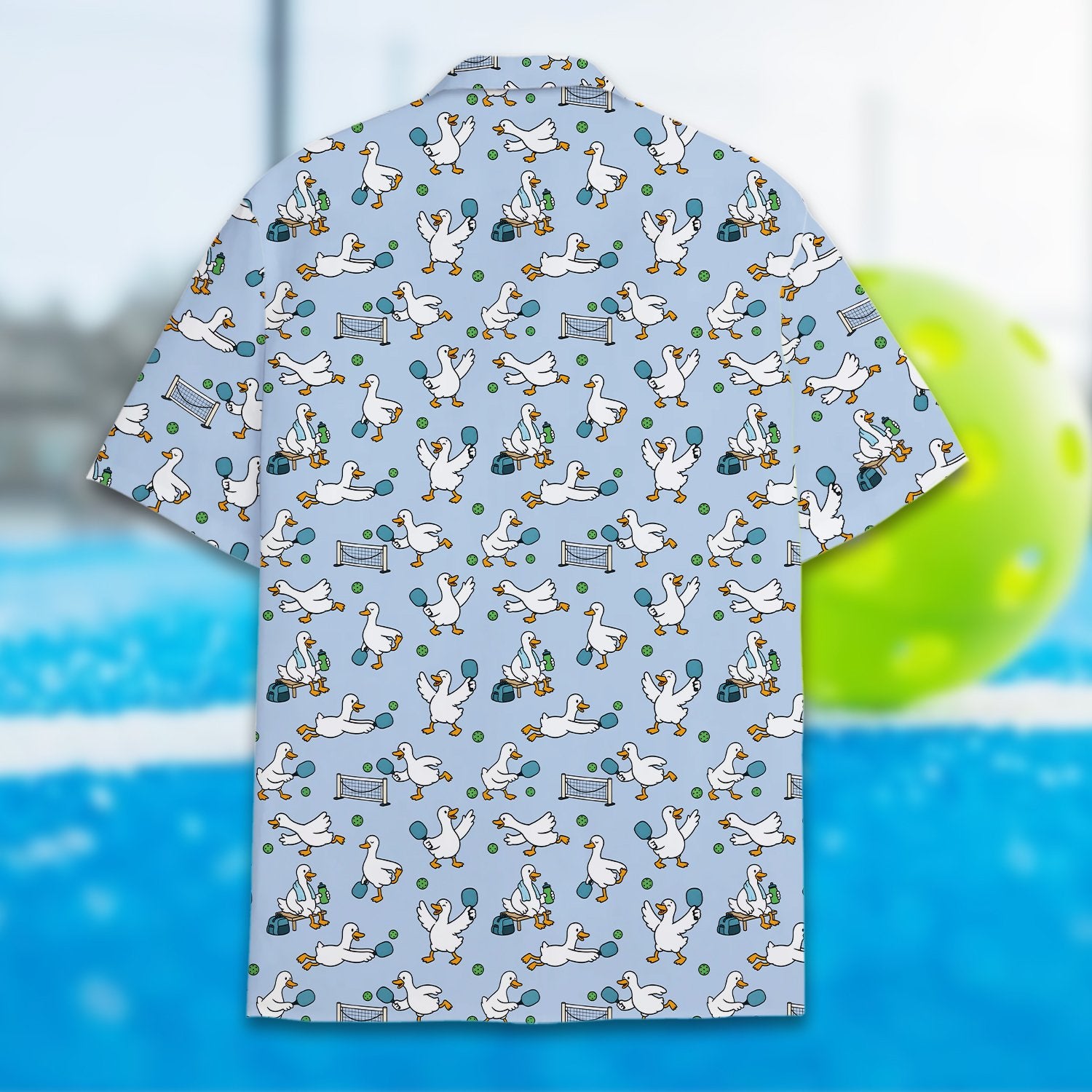 Detailed back view of the duck hawaiian shirt