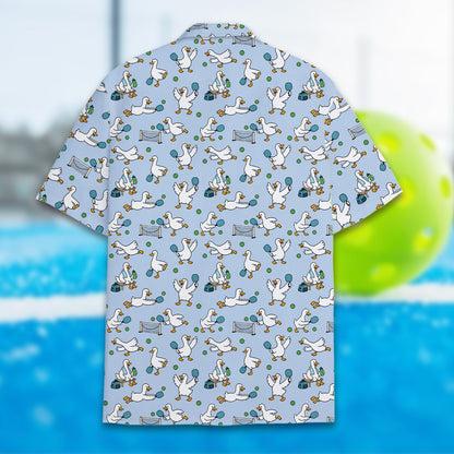 Detailed back view of the duck hawaiian shirt