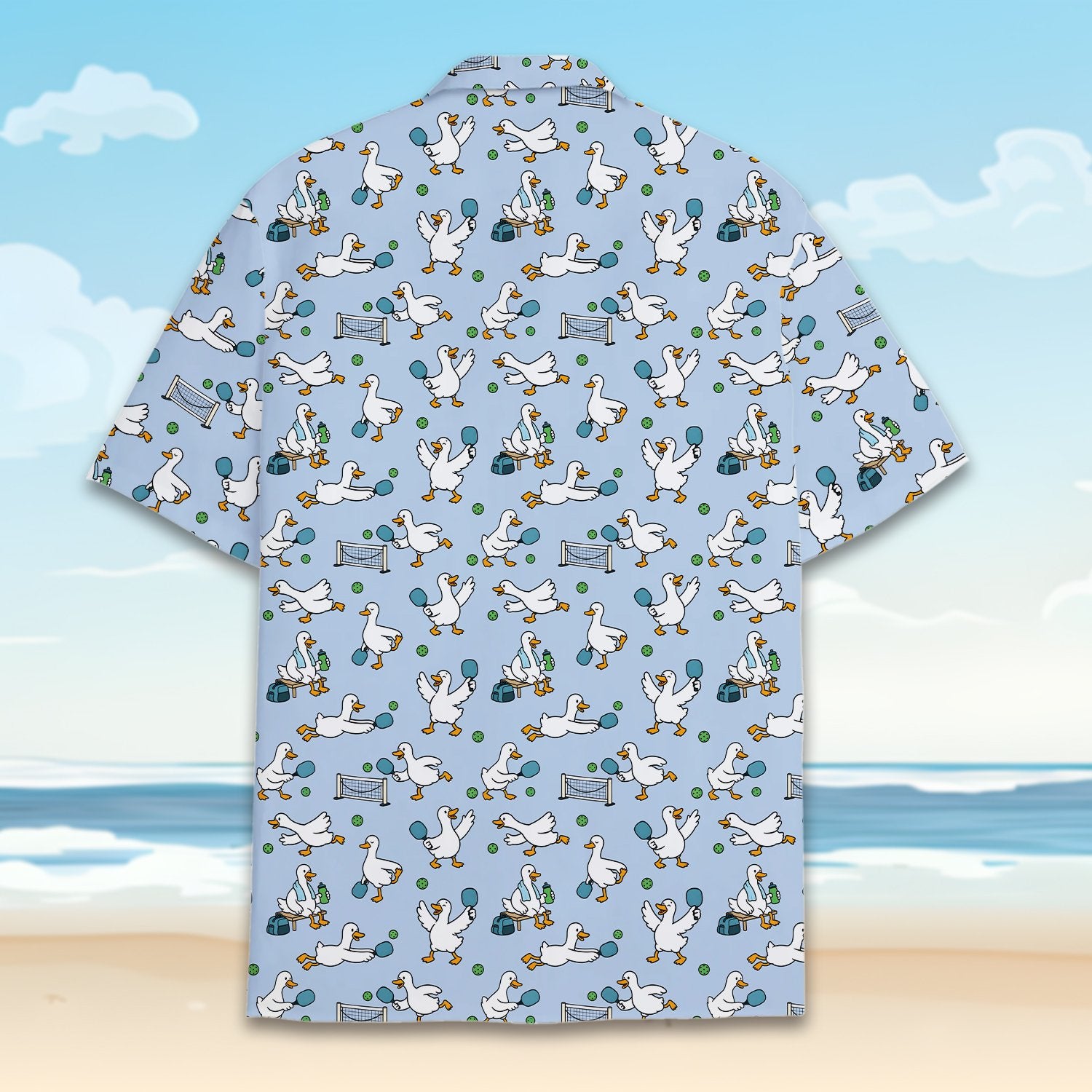 Back view of the light blue pickleball duck hawaiian shirt