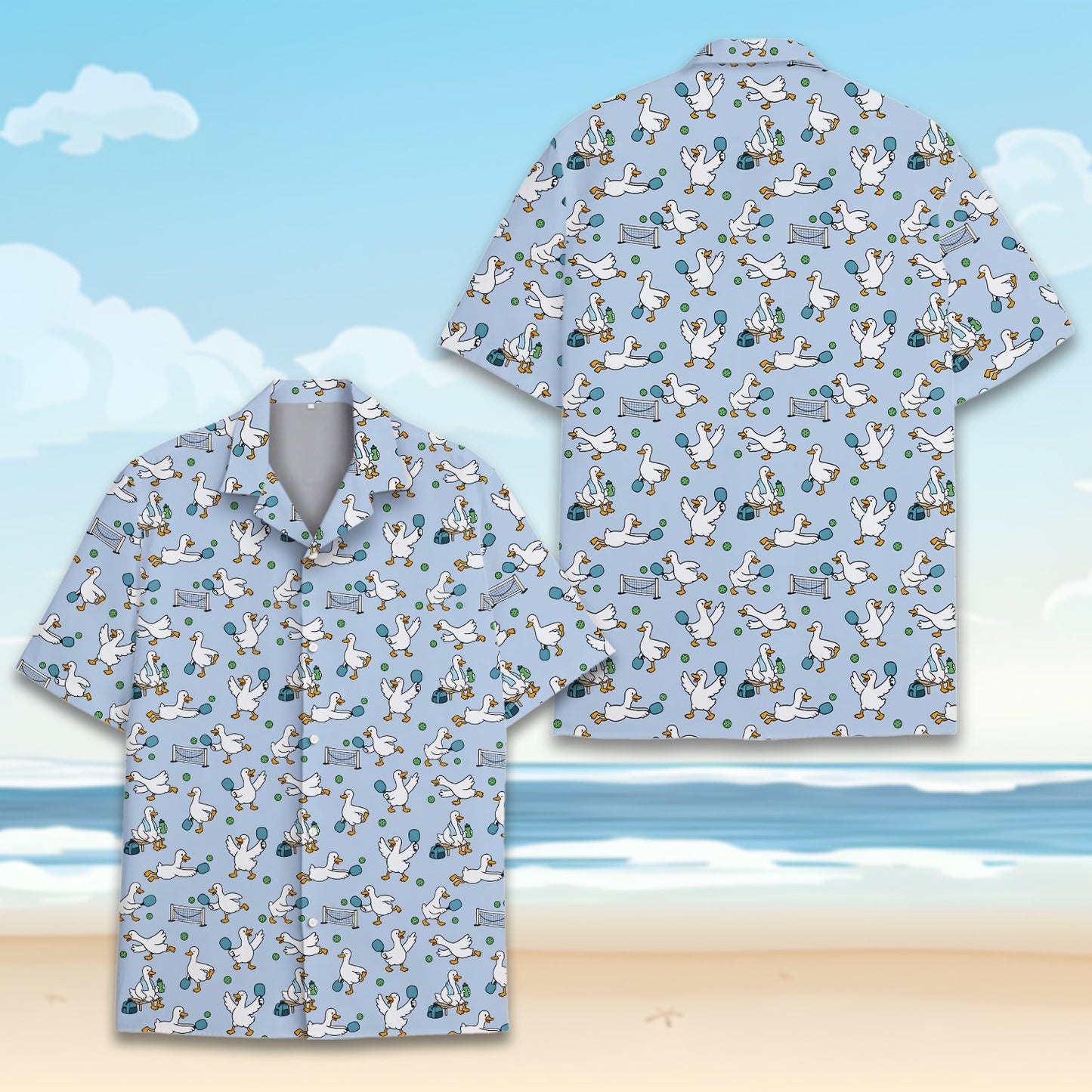 Detailed front view of the duck hawaiian shirt