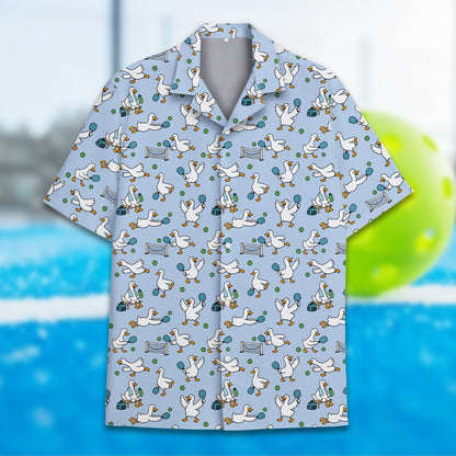 Close-up front view showing the pickleball paddle and duck design