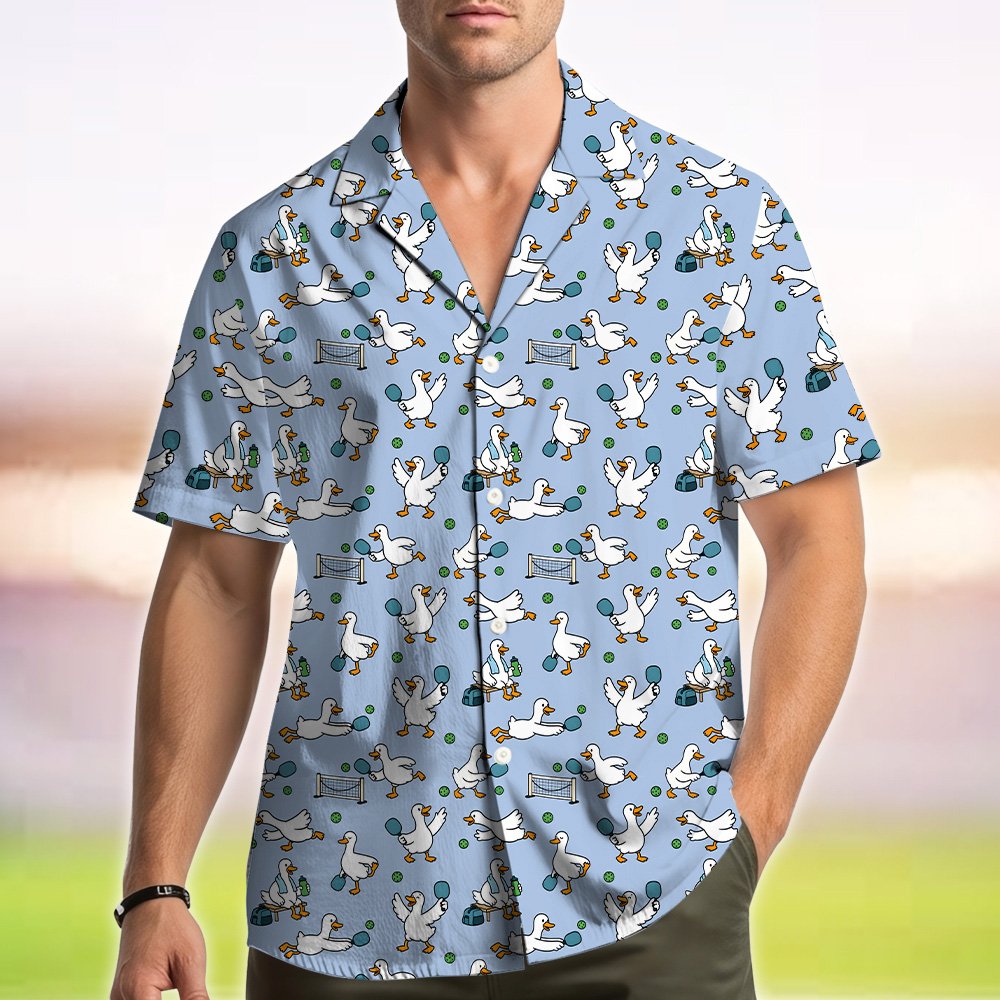 Lifestyle image of the pickleball duck hawaiian shirt being worn
