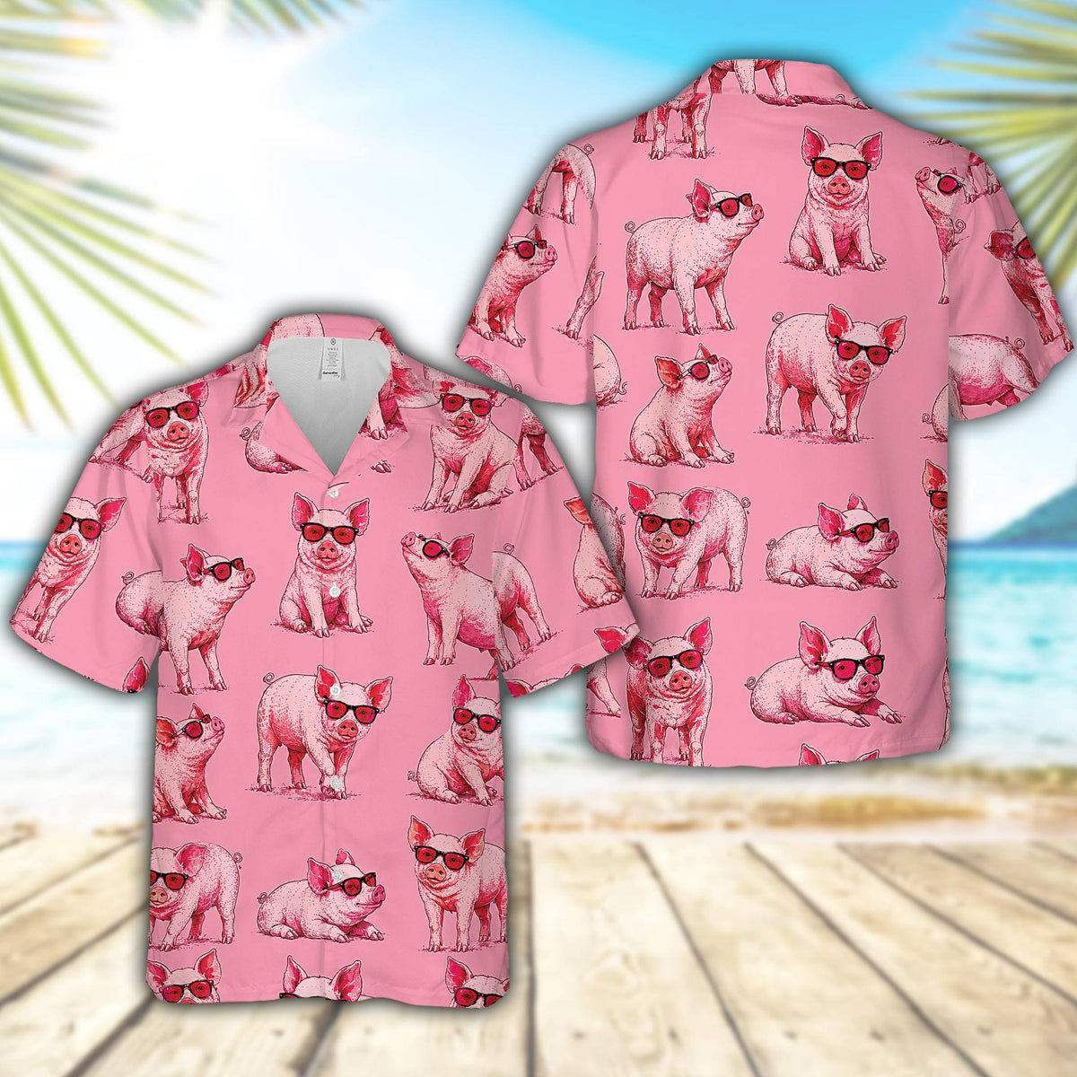 Matching family hawaiian shirts with pink pig and red sunglasses pattern, front view