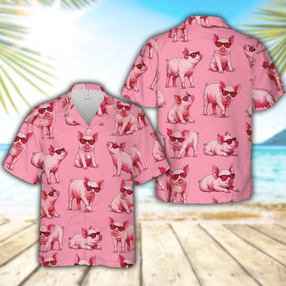 Matching family hawaiian shirts with pink pig and red sunglasses pattern, front view