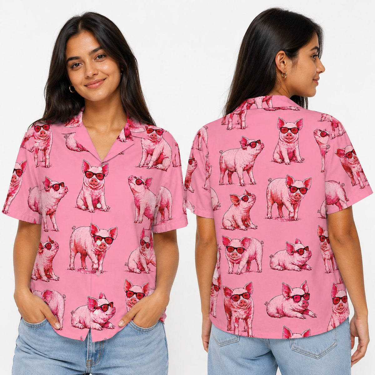 Lifestyle view of people wearing the matching family hawaiian shirts featuring a pink pig design