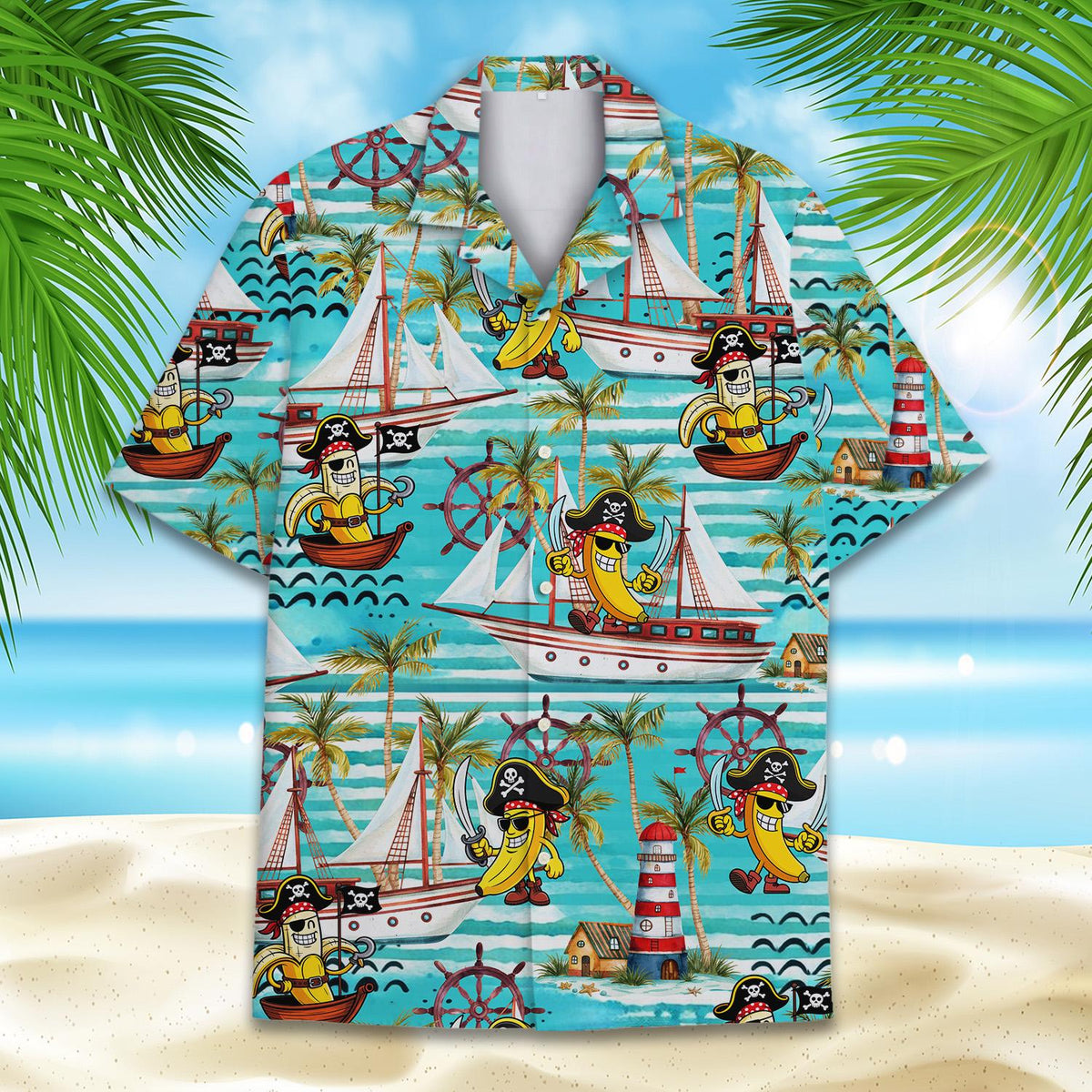 Matching family pirate banana hawaiian shirt on a light blue striped background