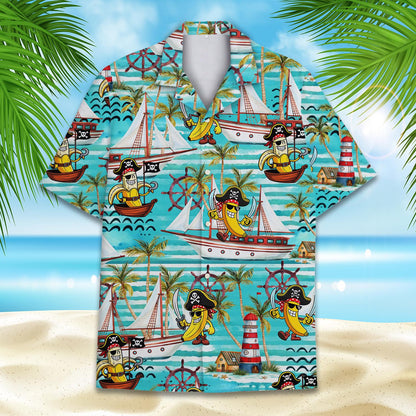 Matching family pirate banana hawaiian shirt on a light blue striped background