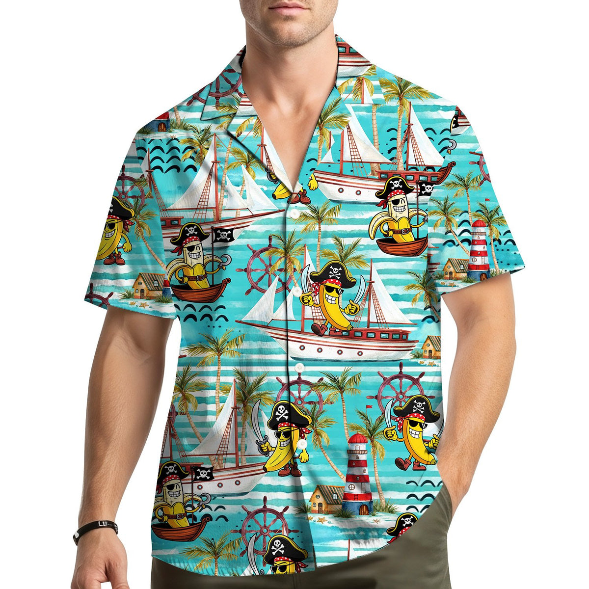 Lifestyle view of someone wearing the pirate banana hawaiian shirt