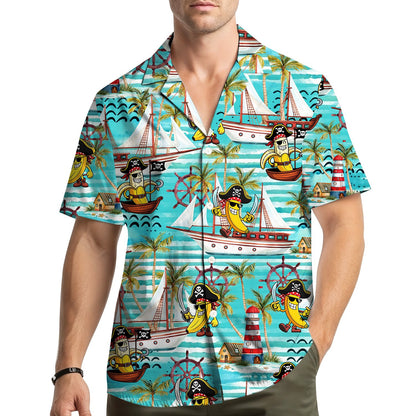 Lifestyle view of someone wearing the pirate banana hawaiian shirt