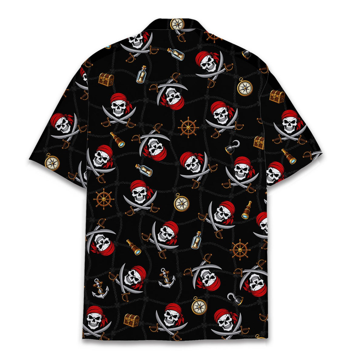 Back view of the black pirate hawaiian shirt displaying the all-over skull and sword pattern