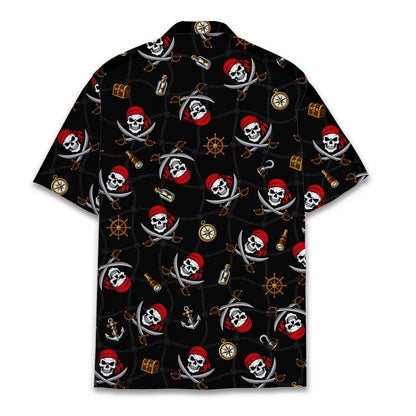 Back view of the black pirate hawaiian shirt displaying the all-over skull and sword pattern