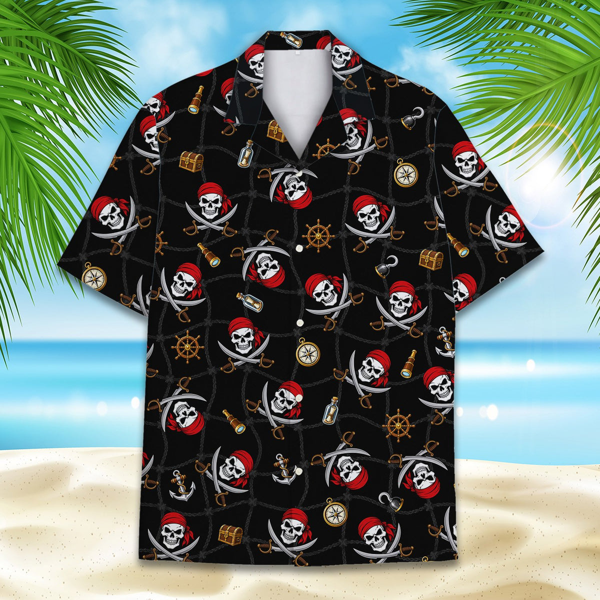 Detailed front view of the black pirate hawaiian shirt showing the collar and button-down front