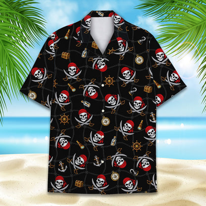 Detailed front view of the black pirate hawaiian shirt showing the collar and button-down front