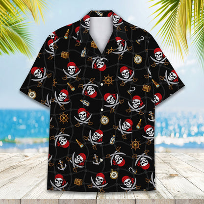 Close-up front view of the pirate skulls and nautical elements pattern on the hawaiian shirt