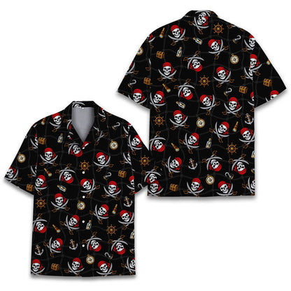 Another close-up front view detailing the compasses and treasure chests on the black pirate hawaiian shirt