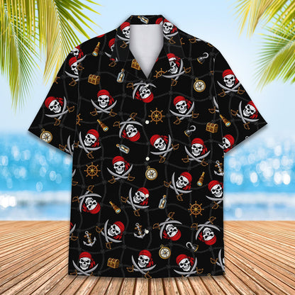 Front view of matching family hawaiian shirts featuring pirate skulls design on black