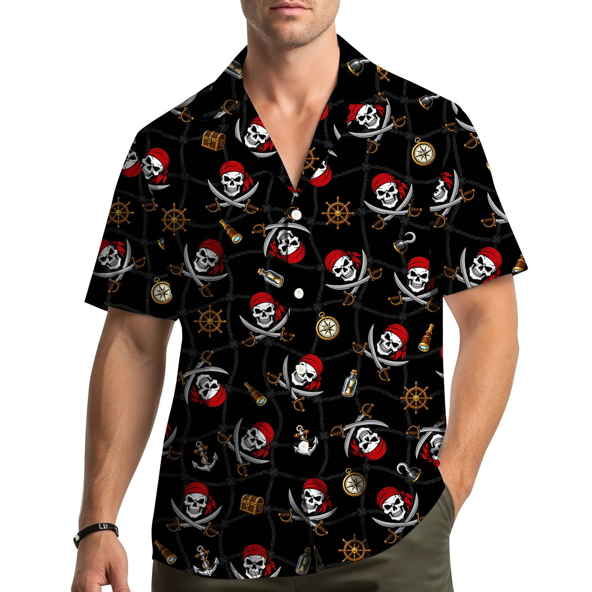 Second lifestyle view of the black pirate hawaiian shirt being worn in a casual setting