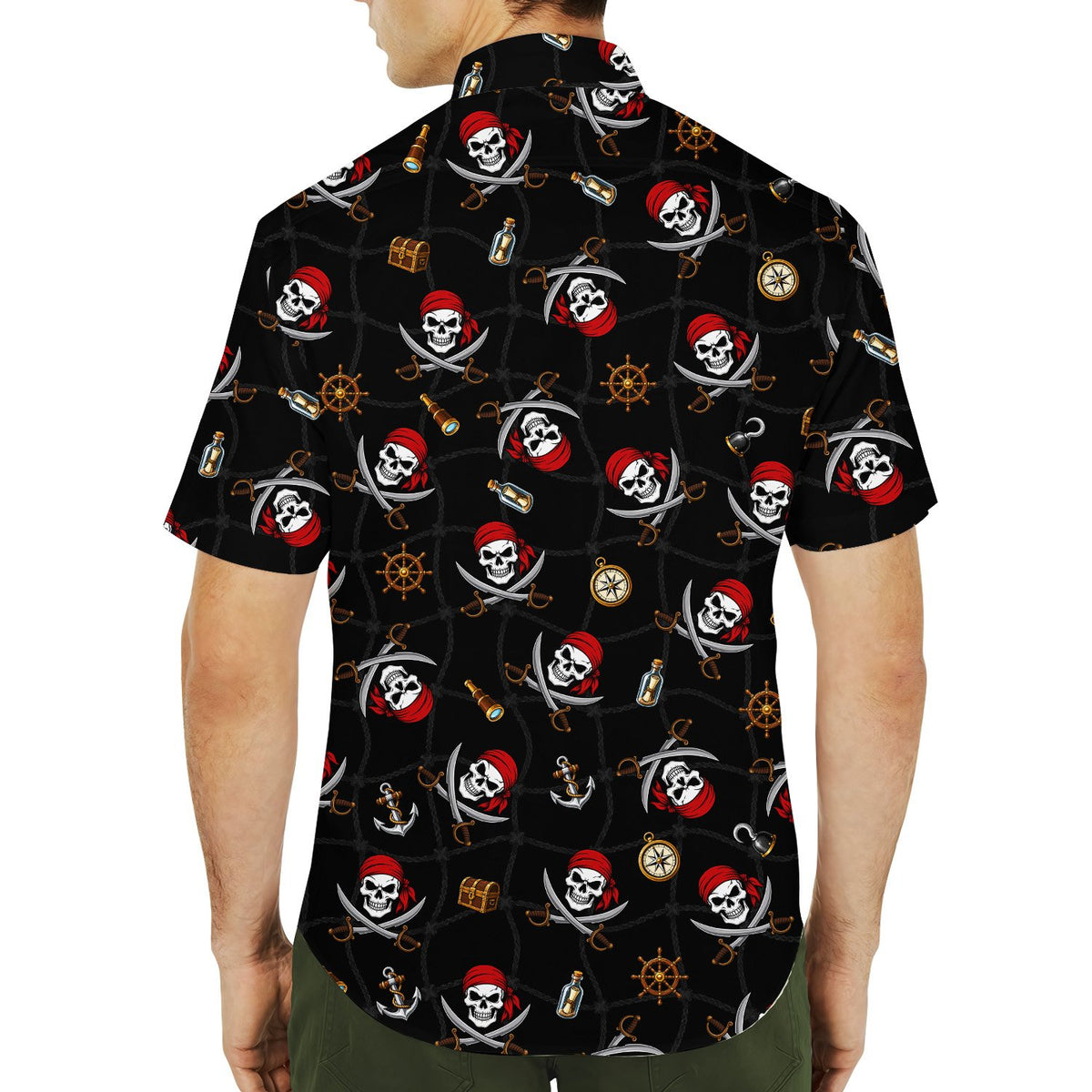 Lifestyle view showing someone wearing the black pirate hawaiian shirt outdoors