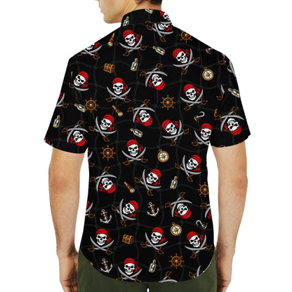 Lifestyle view showing someone wearing the black pirate hawaiian shirt outdoors