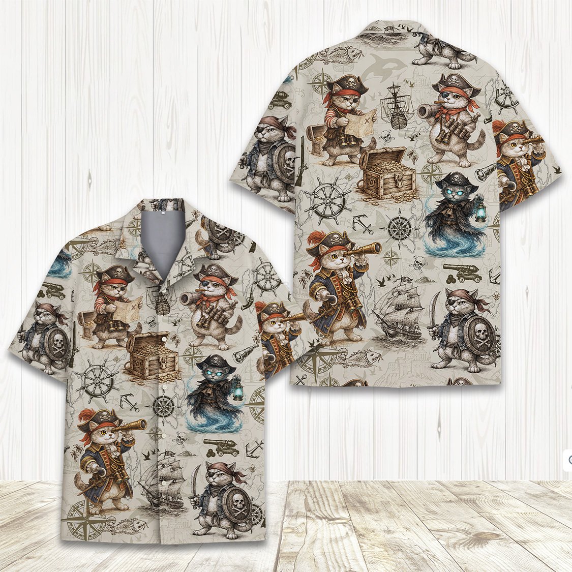 Close up front view of the pirate theme matching family hawaiian shirt
