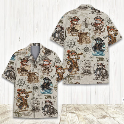 Close up front view of the pirate theme matching family hawaiian shirt