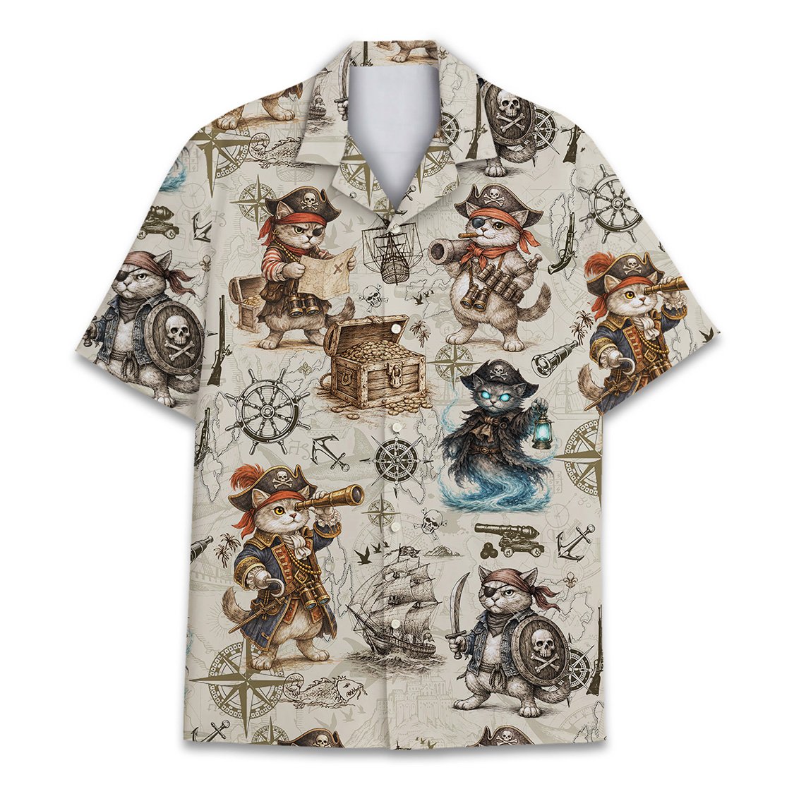 Front view of the beige matching family hawaiian shirt with nautical theme