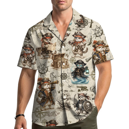 Lifestyle view of the matching family hawaiian shirt with feline pirates