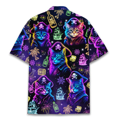 Matching family hawaiian shirt with neon pirate cats, back view