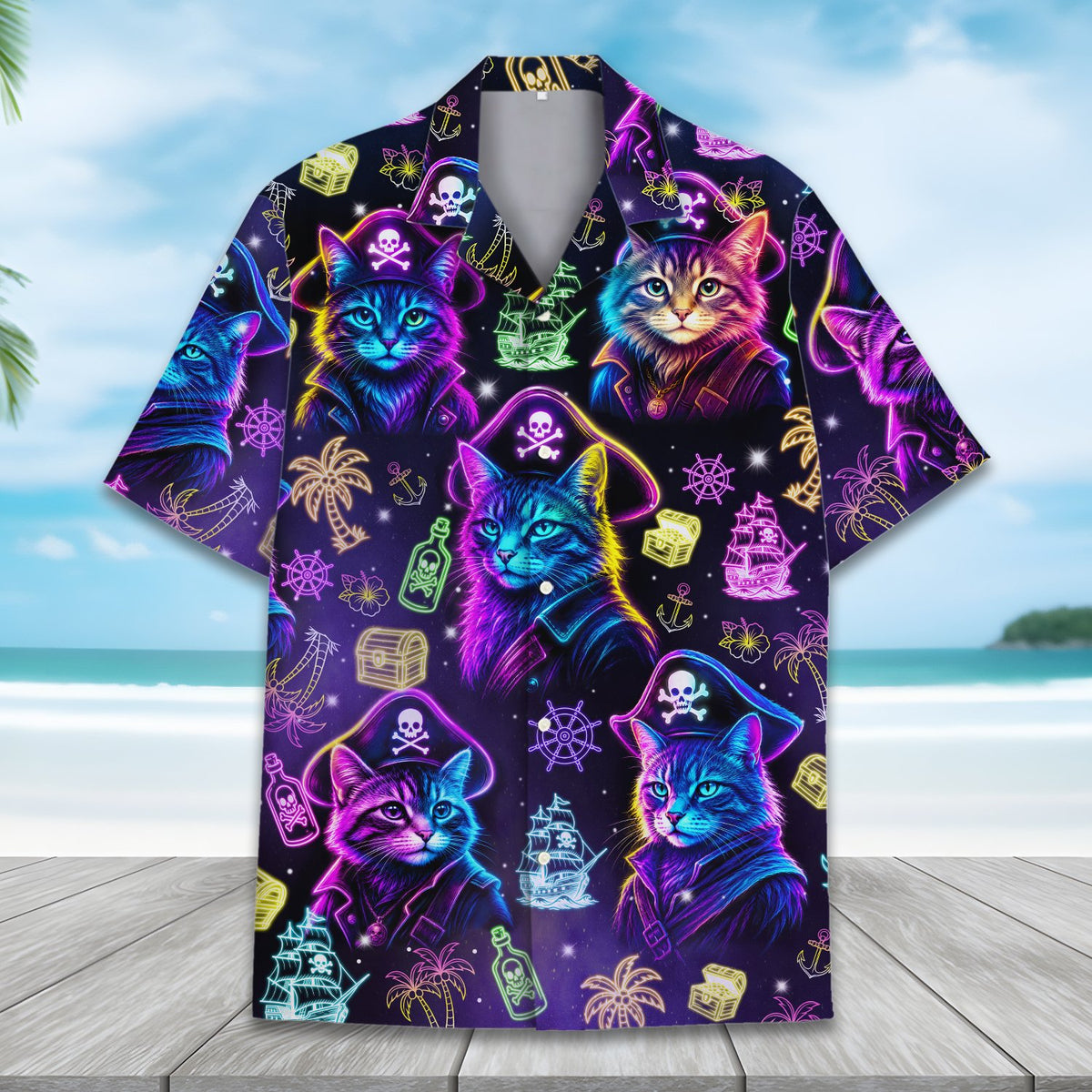 Matching family hawaiian shirt with neon pirate cats, alternate front view