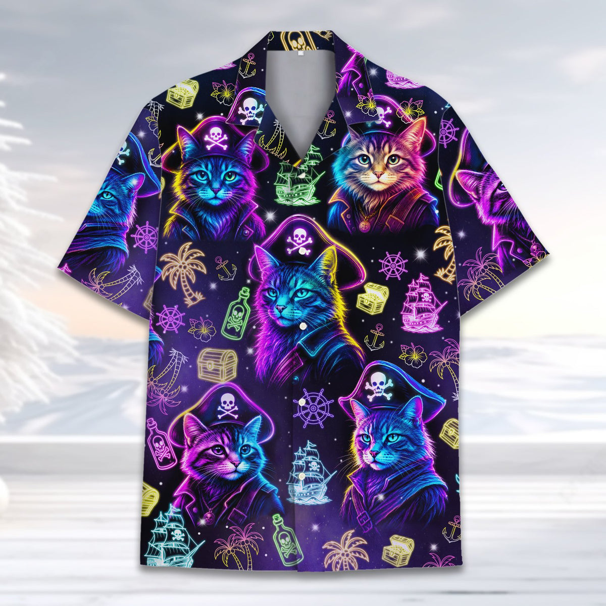 Matching family hawaiian shirt with neon pirate cats, front view
