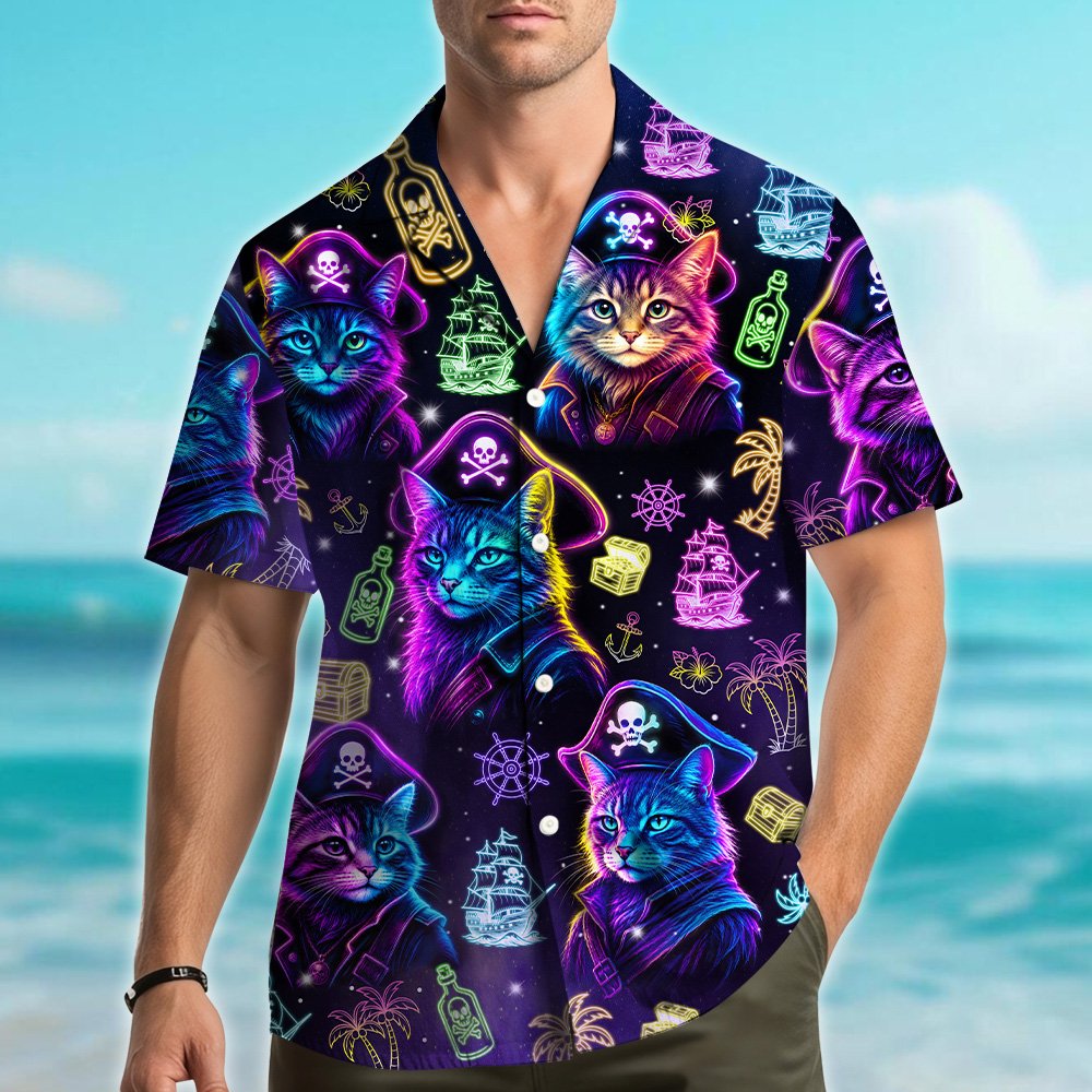 Second lifestyle view of matching family hawaiian shirt with neon pirate cats