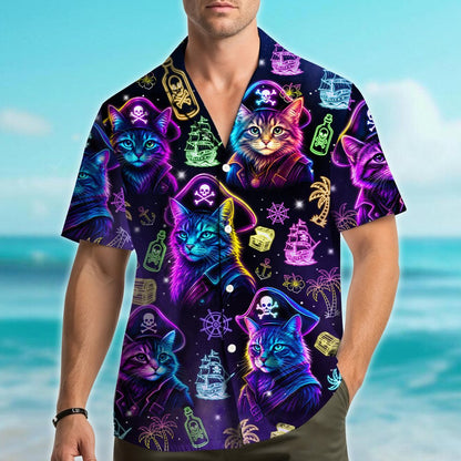 Second lifestyle view of matching family hawaiian shirt with neon pirate cats