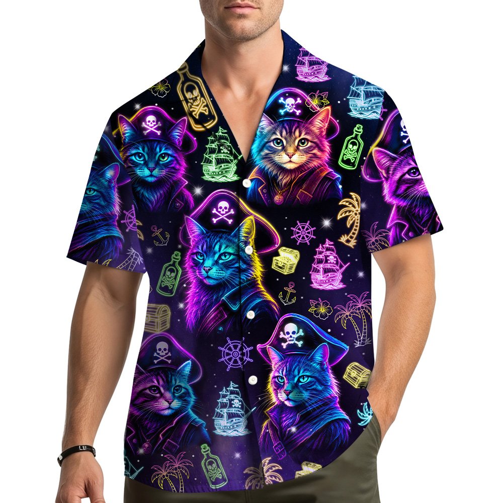 Third lifestyle view of matching family hawaiian shirt with neon pirate cats