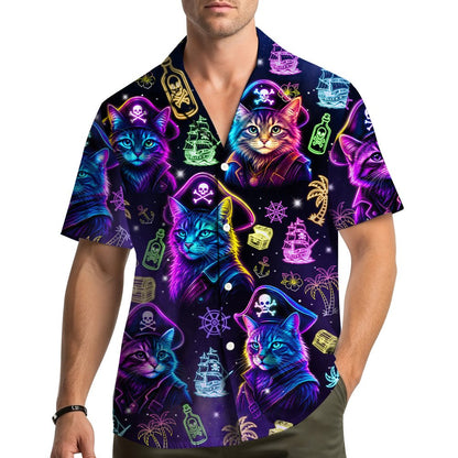 Third lifestyle view of matching family hawaiian shirt with neon pirate cats