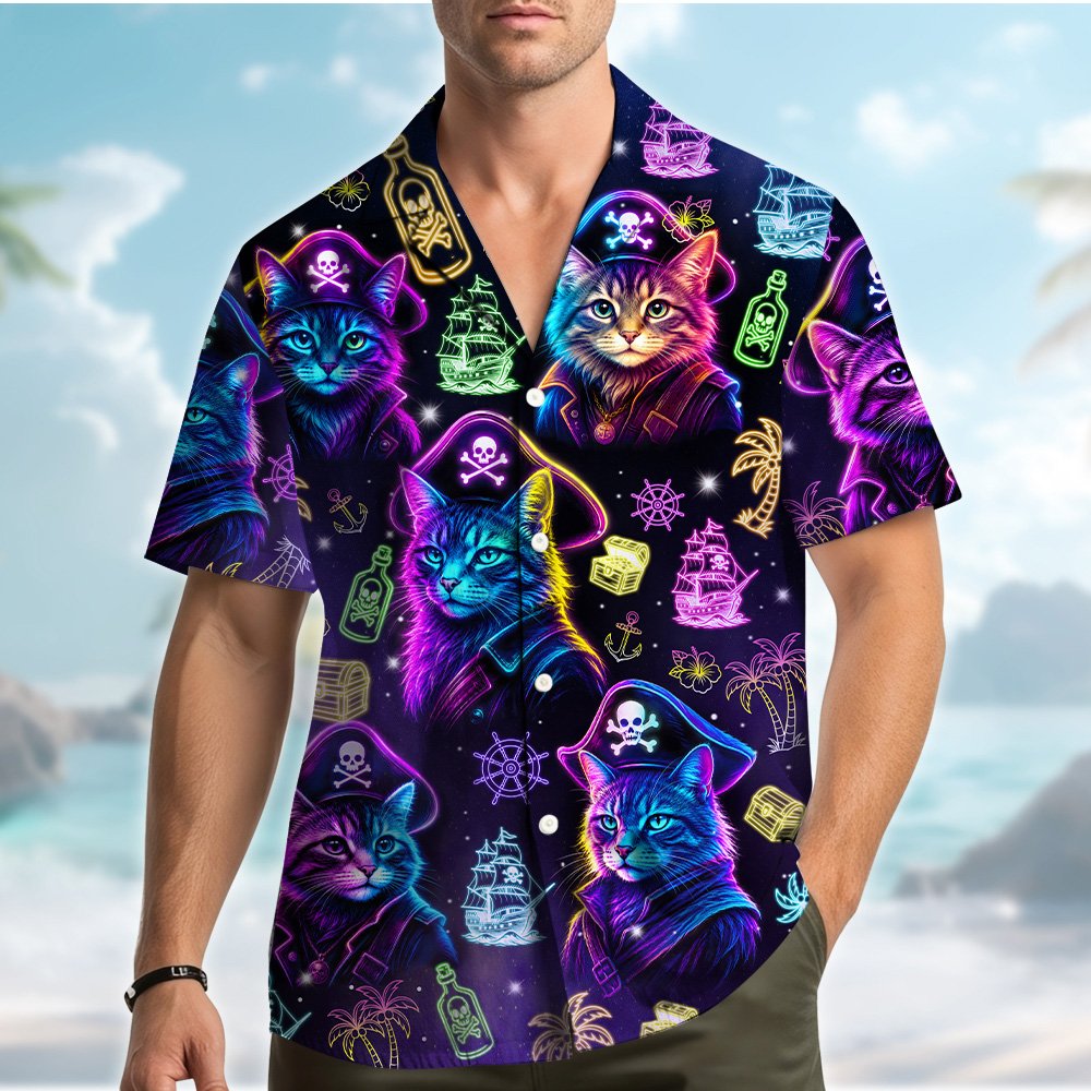Lifestyle view of matching family hawaiian shirt with neon pirate cats