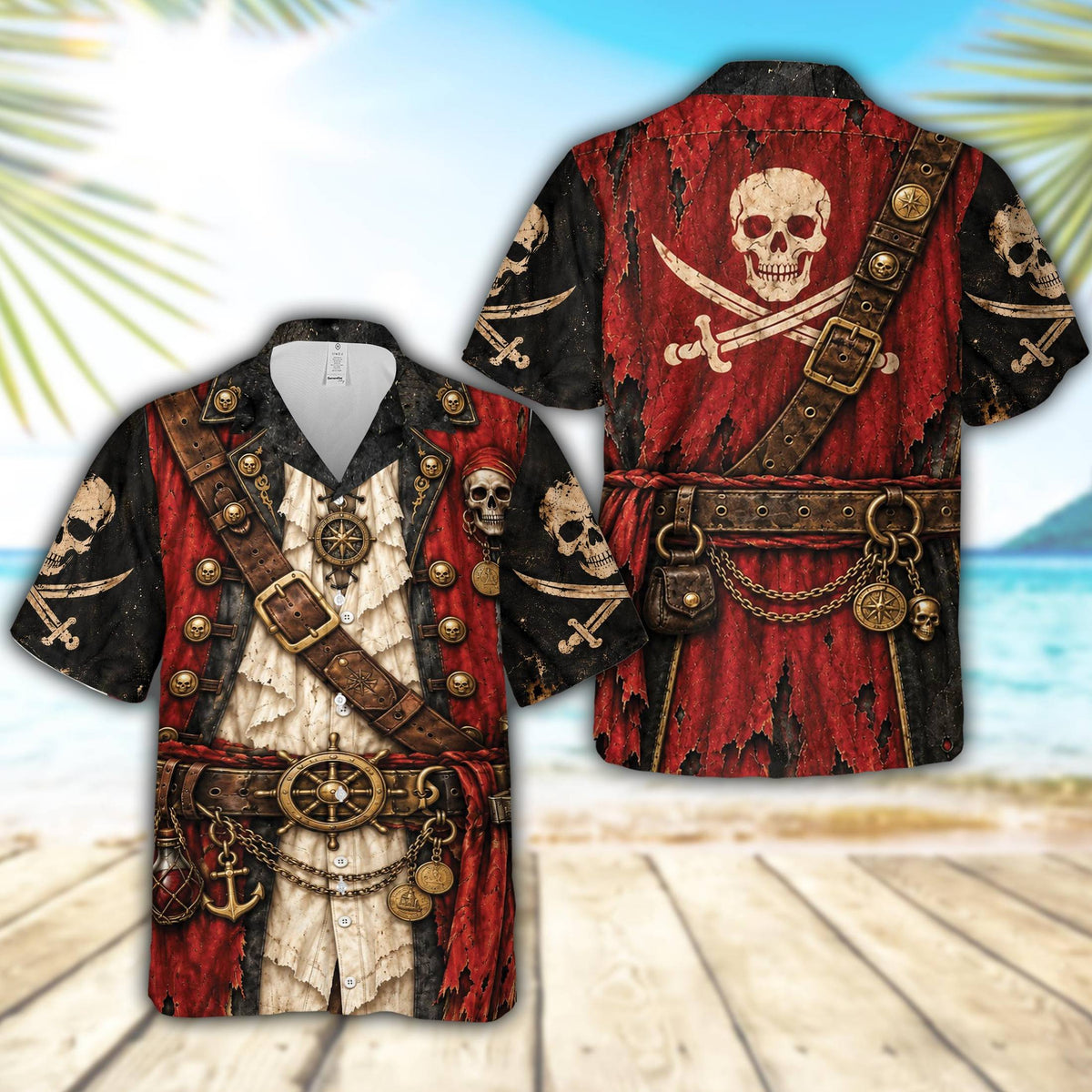 Back view of the pirate hawaiian shirt featuring a torn red flag and skull and crossbones