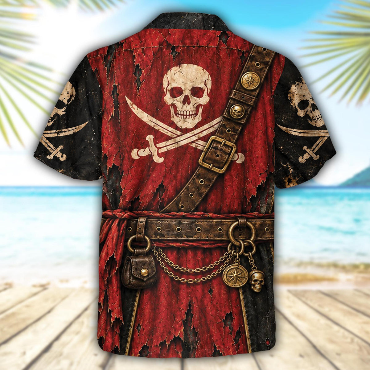Alternate back view of the red pirate hawaiian shirt showing the detailed printed belts and pouches