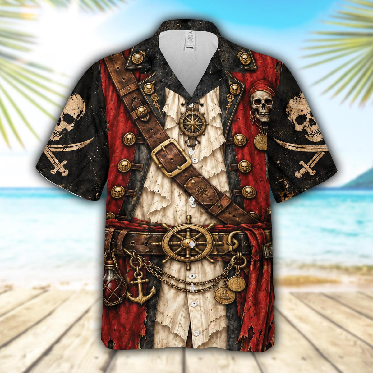 Front view of the matching family hawaiian shirts with a red pirate costume design