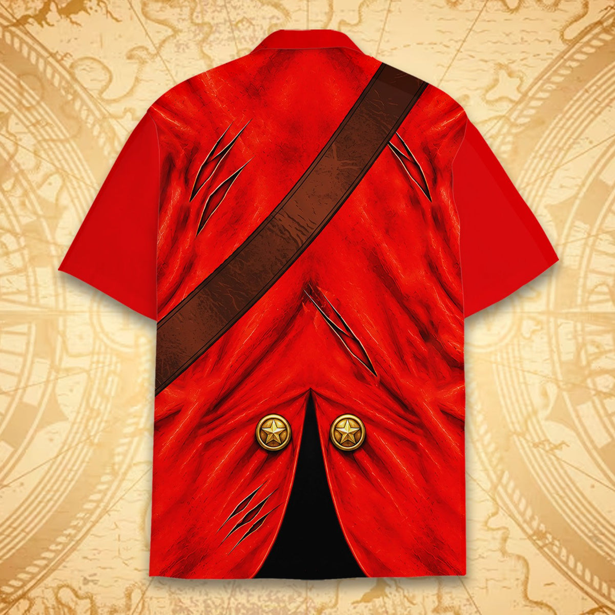 Close-up back detail of the printed red pirate coat design on the hawaiian shirt