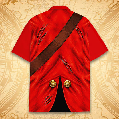 Close-up back detail of the printed red pirate coat design on the hawaiian shirt