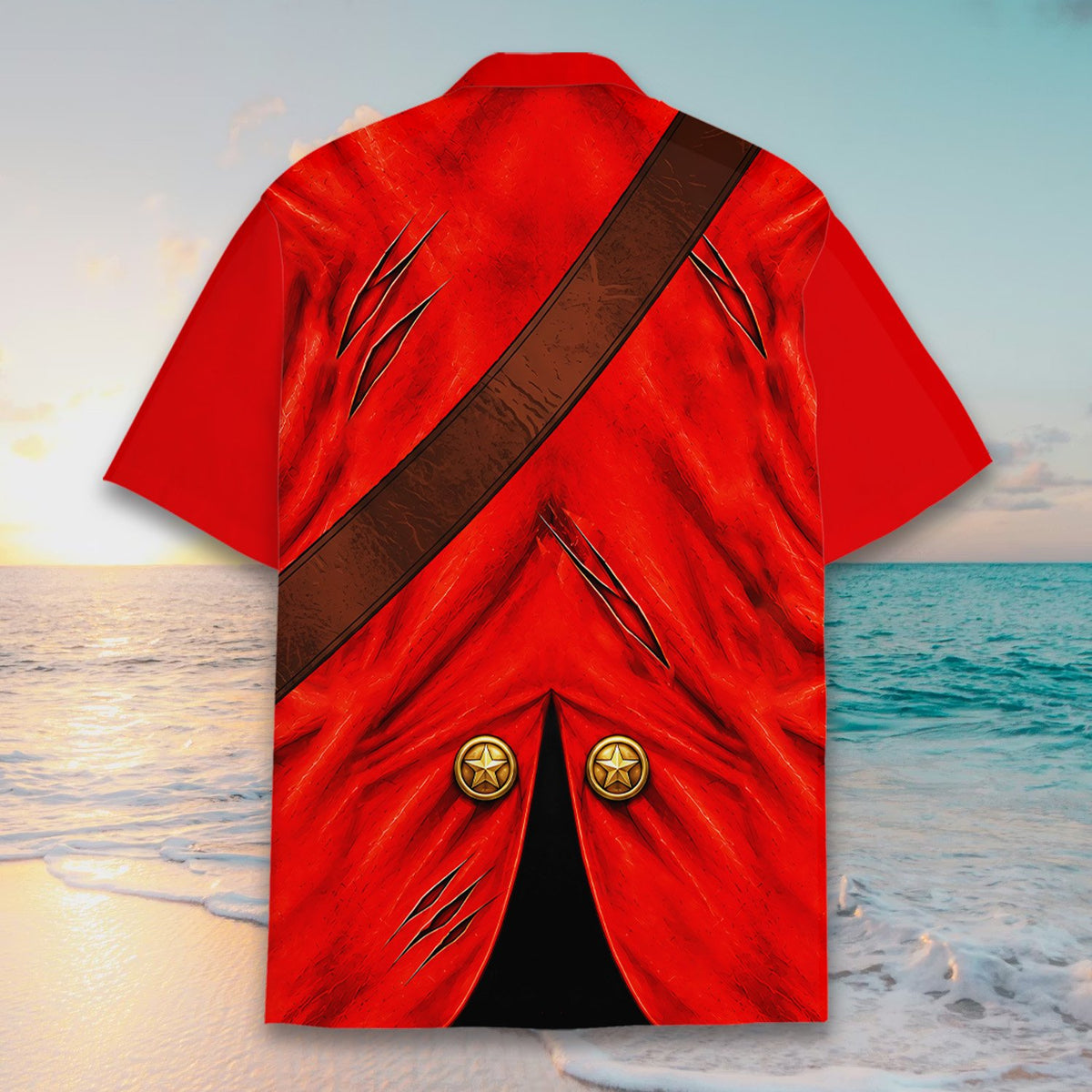 Full back view of the red pirate costume printed hawaiian top