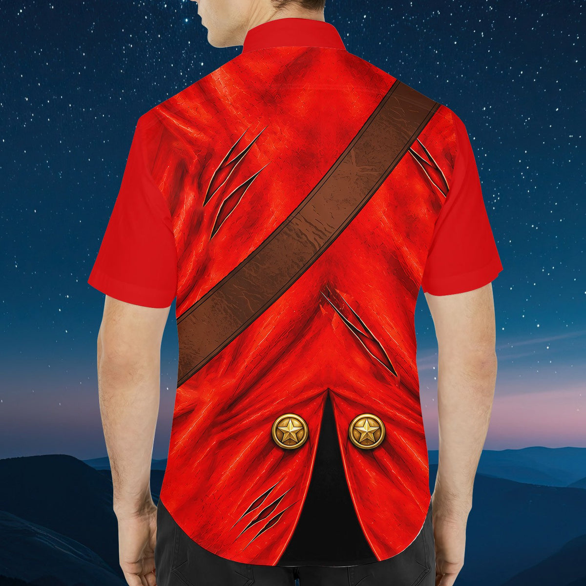 Back view of the red pirate hawaiian shirt showing detailed coat graphics