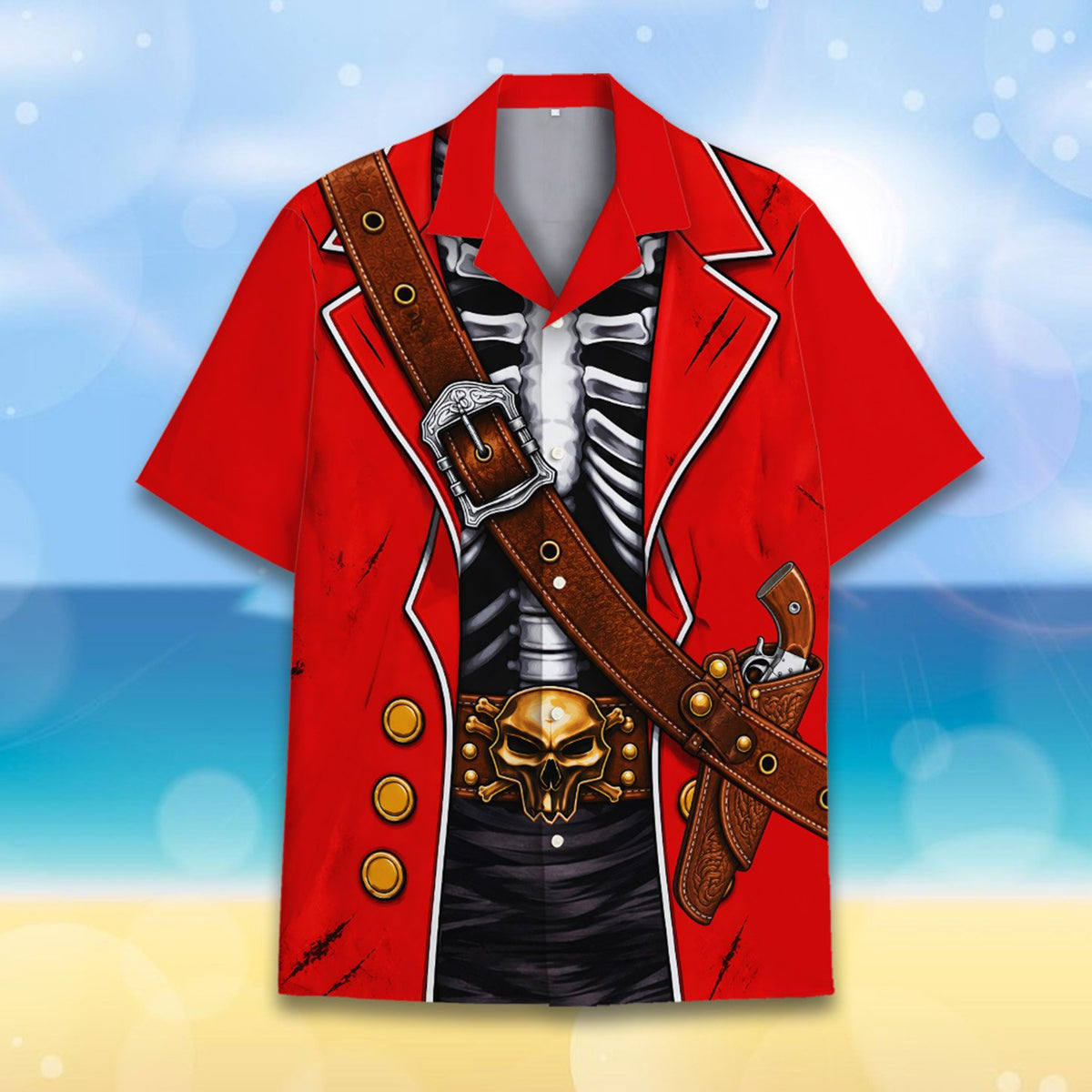 Close-up front detail of the red pirate hawaiian shirt showing skull buckle and belt