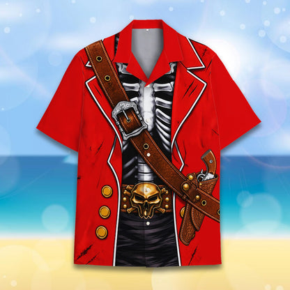 Close-up front detail of the red pirate hawaiian shirt showing skull buckle and belt