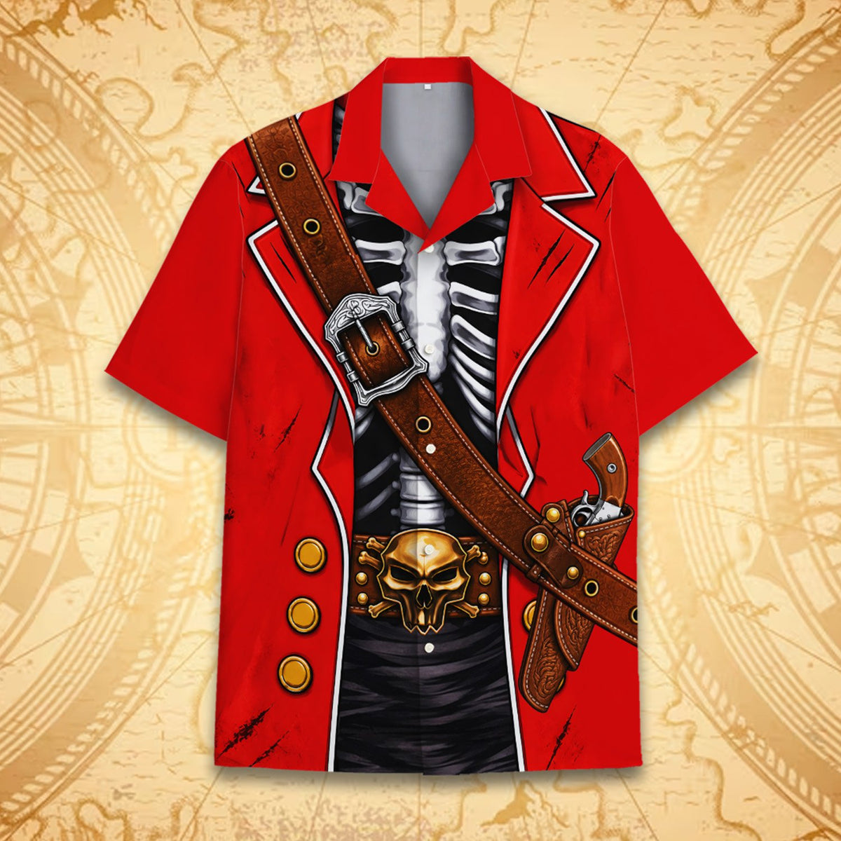 Another front view of the skeleton torso print hawaiian shirt