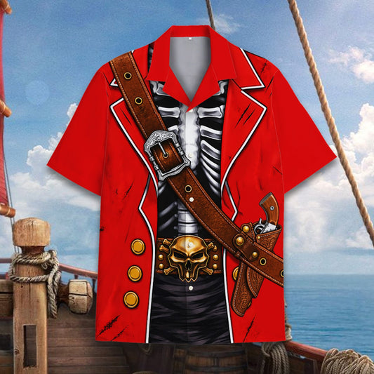 Main view of red pirate hawaiian shirt featuring skeleton torso and coat print