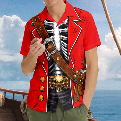 Second lifestyle view showcasing the red pirate hawaiian shirt in an outdoor setting